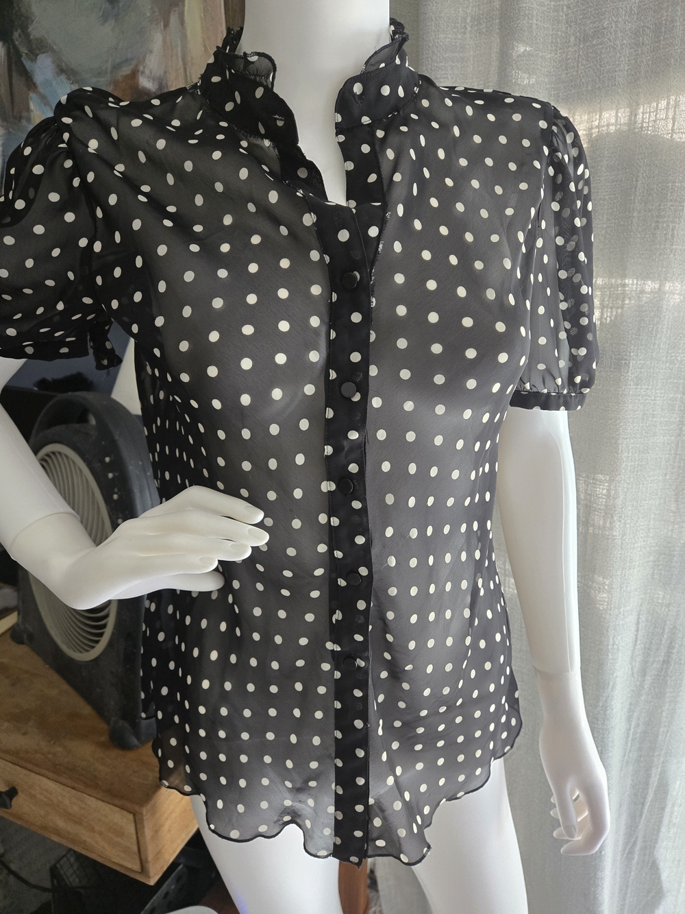 Arden B Black Blouse with White Polka Dots